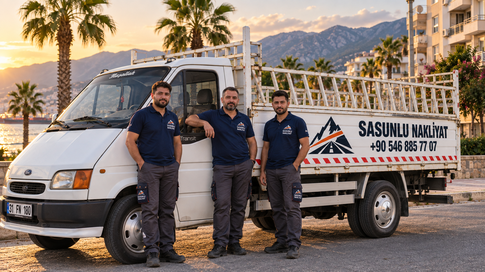 Sasunlu Nakliyat ekibi İskenderun sahilinde kamyon önünde